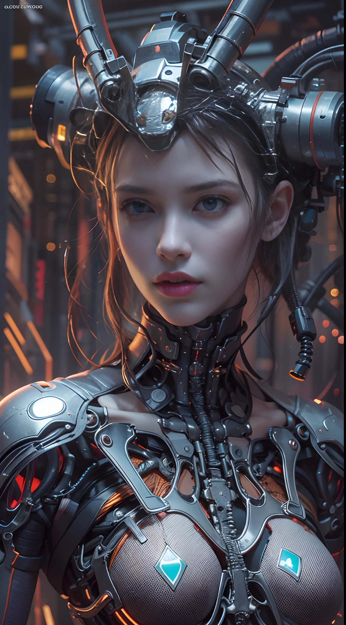 of the highest quality, Tabletop, ultrahigh resolution, ((photorealistic: 1.4), RAW photo, 1 chica cyberpunk, bright and shiny skin, 1 mechanical girl, (Super realistic details)), mechanical limbs, Tubes attached to mechanical parts, Mechanical vertebrae attached to the spine, mechanical cervical attachment to the neck, wires and cables that connect to the head, Evangelion, Ghost in the shell, Small luminous light, global ilumination, deep shadows, octane rendering, 8k, ultrasharp, Metal, Intricate ornamental details, baroque details, very intricate details, realistic light, Trends in CG, in front of camera, Neon light detail, (Android factory in the background), art by H.r. Giger and Alphonse Mucha.
