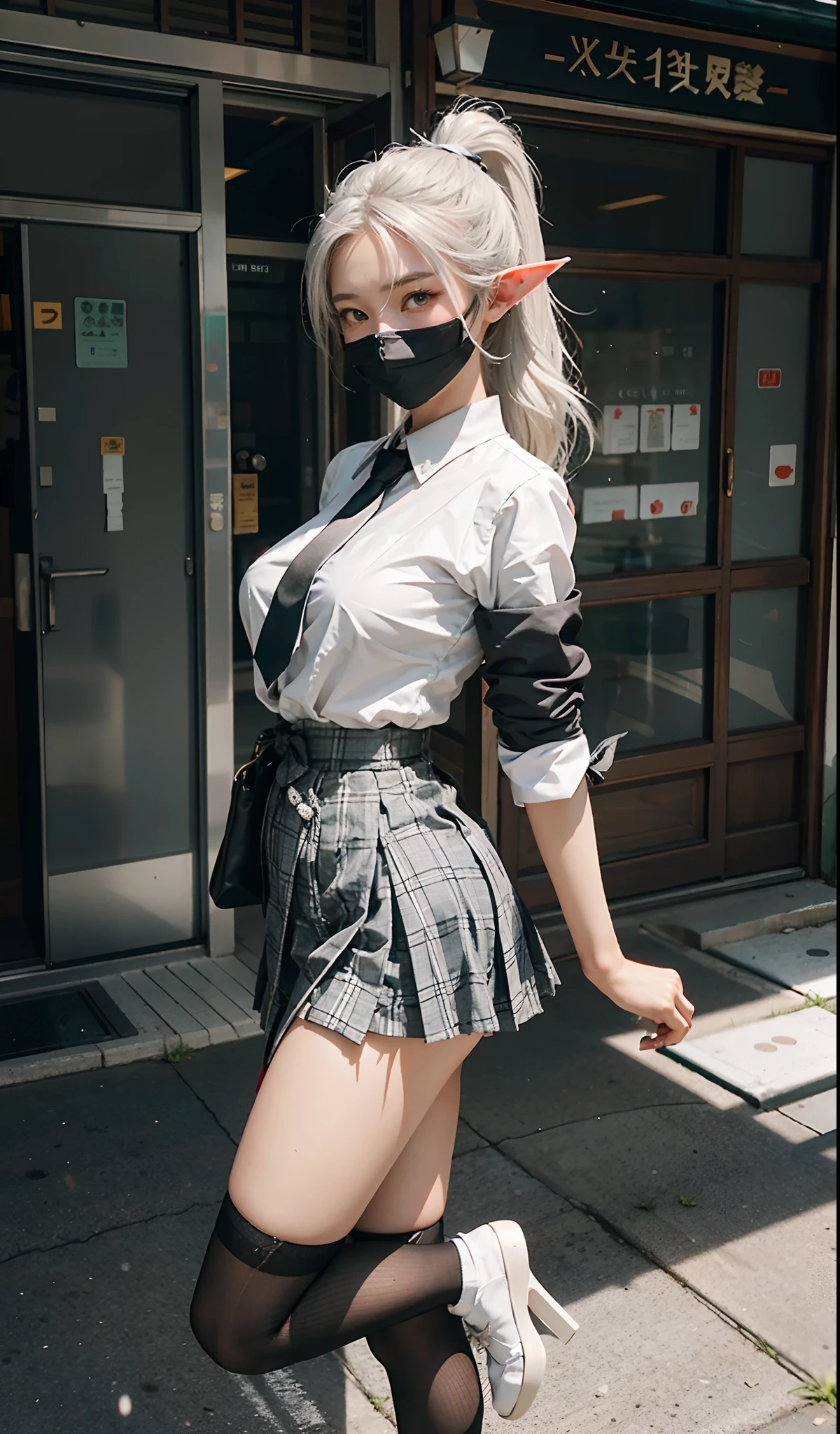（Extremely normal body）Japanese-style town：1 Elf beauty，JK ，(Elf long ears)，Short silver-white hair，Half-tied ponytail。Uniform for female high school students)，Short plaid skirt，Black short stockings，Black socks, Black socks，Translucent black socks，slippers，Jade foot ， very detailed eyes and faces， Sharp pupils， realistic pupil， tack sharp focus， cinmatic lighting，full bodyesbian，Bigboobs，long leges，From the front side，dynamicposes，Normal posture，closeup of face