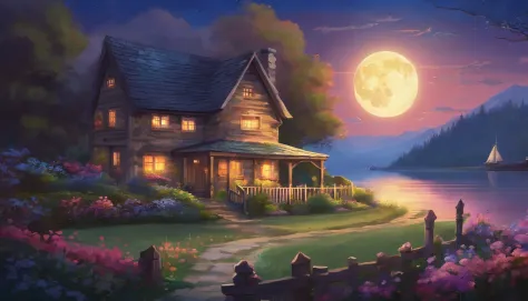 painting of a cottage, flowers beside of fence, fence along the road,  mountain landscape with a lake and a boat, ((full moon)) , stary night scene, illustration matte painting,  inspired by Thomas Kinkade, symmetric matte painting, detailed scenery , styl...
