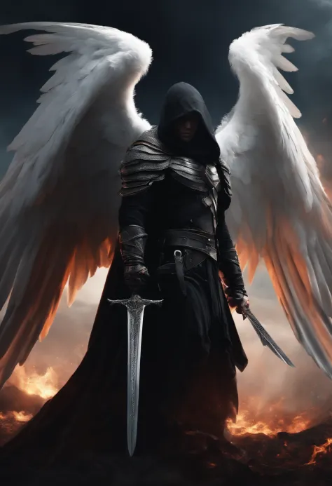 Realistic, Angel with big wings, The sword, Wearing flames,Hood on head ...