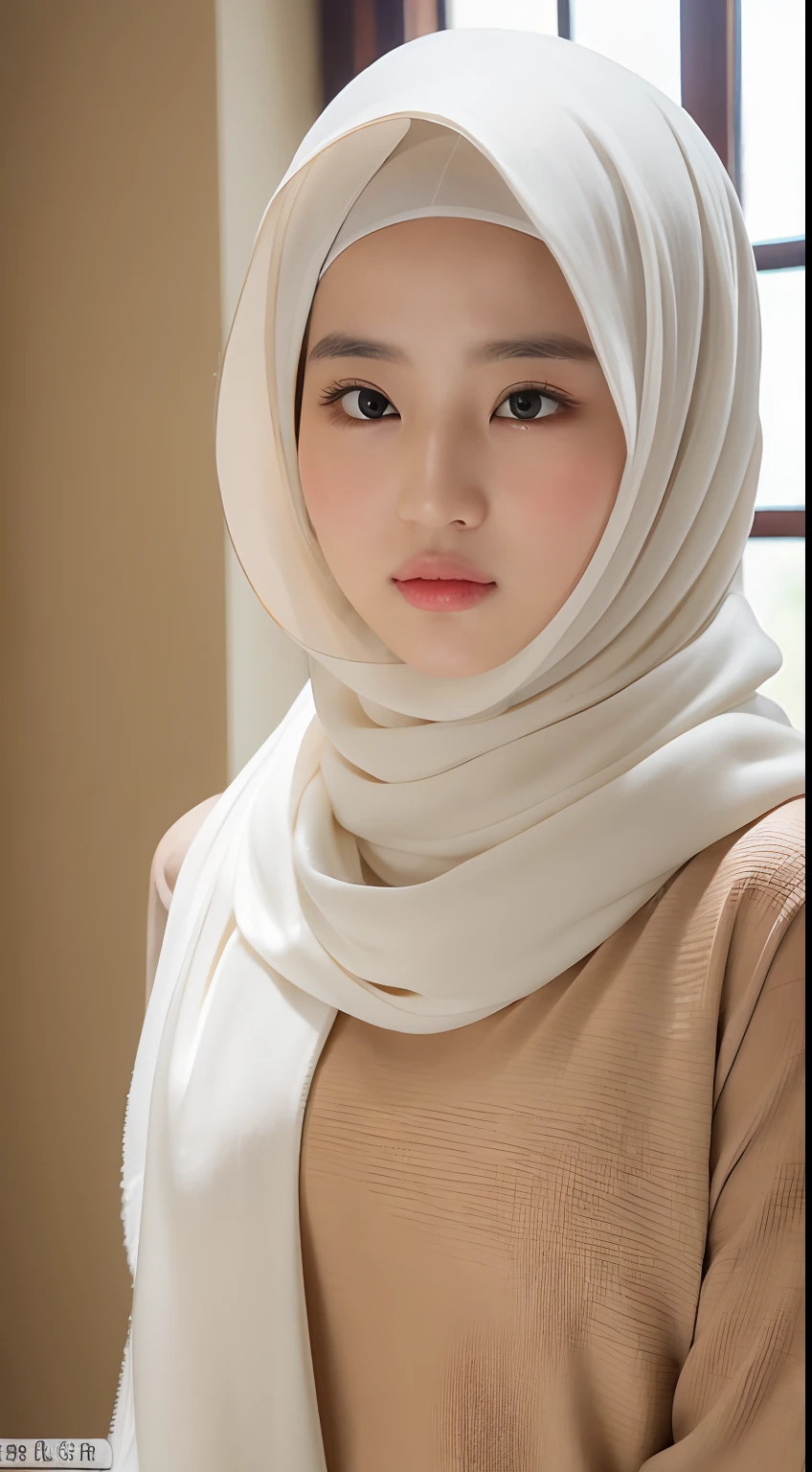 ((Best quality, 8k, Masterpiece :1.3)), Sharp focus :1.2, Chinese girl. 1.((pashmina hijab. White long sleeve shirt))Beautiful detailed lip texture. Beautiful lips. Eye details. Beautiful.In the room_mix4, 20d,Hiper-realistis:1.37),16K HD, perfeck body beauty:1.4. Slender ABS:1.2