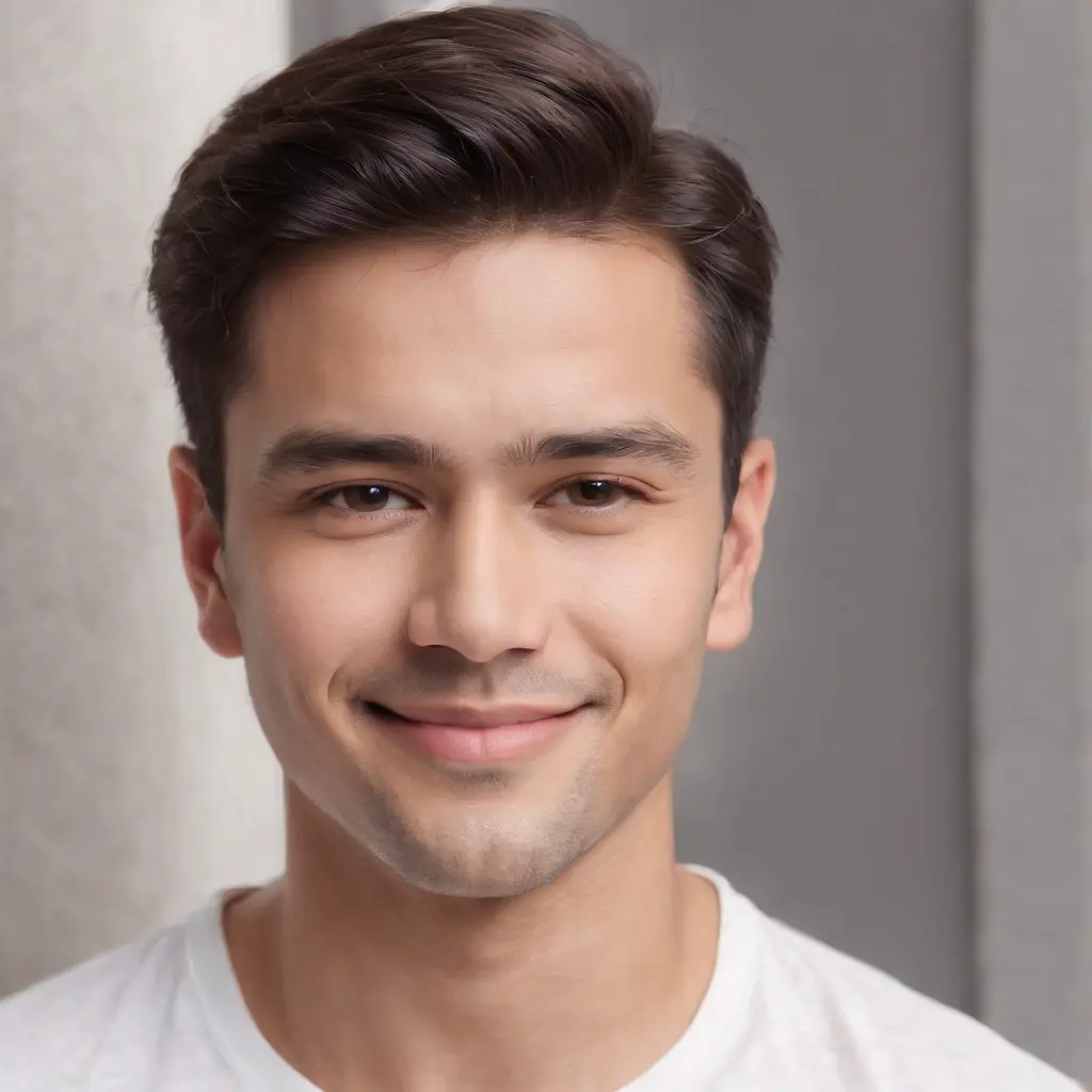 (photo: 1.3) af (photorealism: 1.3), Latino man, soft light, clear face, happy, cheerful, warm light, white t-shirt, (off-white background), (off-white background), ((grey wall background)) avatar, (long or short hair), smile, handsome, young,, short hair,...