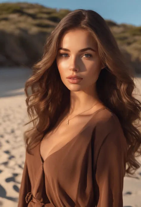 arafed woman fully , sexy girl with brown eyes, ultra realistic, meticulously detailed, portrait sophie mudd, brown hair and large eyes, selfie of a young woman,on the beach, medium to large size bust