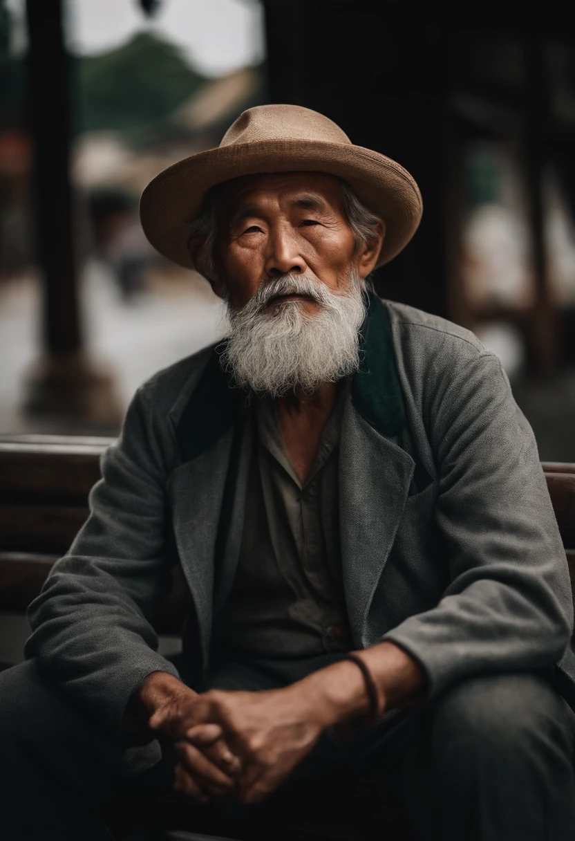 Man with a long beard and a hat sitting on a bench, Wise old man, um velho, foto do retrato de um homem velho, old man, Asian people, retrato do homem velho, um homem de 80 anos, macho velho, peaceful expression, retrato perfeitamente centrado, foto de um homem, Chinese artist, um velho