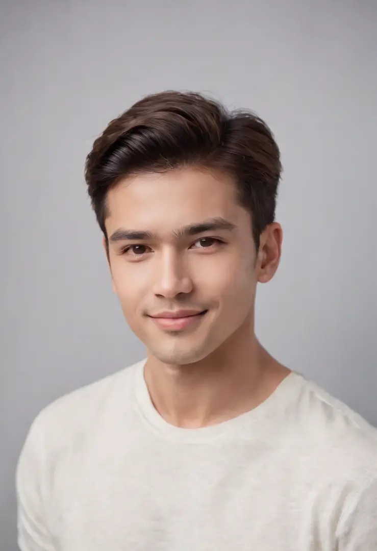 (photo: 1.3) af (realism: 1.3), (Hispanic), Latino man profile picture, frontal close-up, soft light, clear face, happy, cheerful, warm light, white t-shirt, (off-white Background), (grey and white background)), ((grey wall background)) avatar, (long or sh...