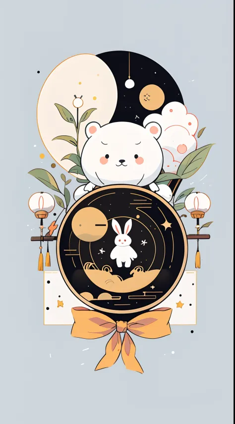 （A rabbit：1.4）, sat on the ground, Looking up, （（Mid-Autumn Festival atmosphere，sweet osmanthus，Kongming Lantern，Meniscus，Moon cake）），（Chinese kanji：1.3），Traditional Chinese illustration style, Digital art, Simple background, Masterpiece on white backgroun...