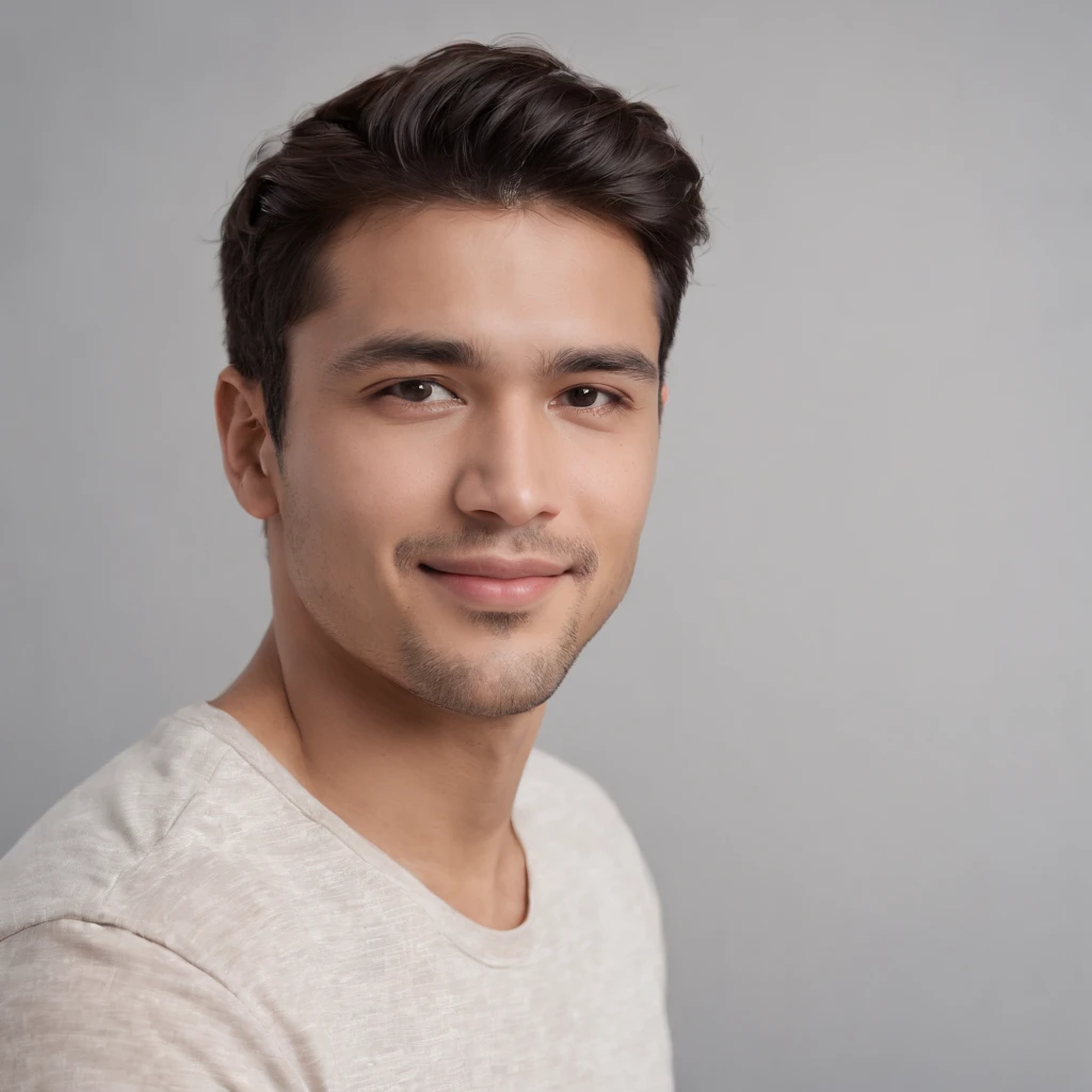 (photo: 1.3) af (realism: 1.3), (Hispanic), Latino man profile, (frontal close-up), soft light, clear face, happy, cheerful, warm light, white T-shirt, (off-white background), (blank background), ((gray wall background)) avatar, (short hair), smile, handsome, young,, short hair, smile, (close-up)