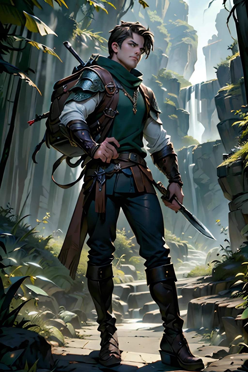 masterpiece, best quality, ultra wide shot, fantasy art, dnd art, rpg art, realistic art, a man looks like Stephen Amell (Masterpiece, best quality: 1.6) young male Ranger holding a short sword in one hand and a tomahawk in the other, medium length brown hair with a light beard, full body, [[anatomically correct]] [full body] (Masterpiece, best quality: 1.5), (Masterpiece, best quality: 1.6), holding an [epic magical sword] (Masterpiece, best quality: 1.5) holding [magical sword glowing in blue light] (intricate details, Masterpiece, best quality: 1.5) . in fantasy forest (intricate details, Masterpiece, best quality: 1.5), a male human (Masterpiece, best quality: 1.5), wearing woodland color leather armor dressed for hunting with a backpack (intricate details, Masterpiece, best quality: 1.5) , leather boots, ultra detailed face (intricate details, Masterpiece, best quality: 1.5) , thick hair, dynamic hair, intense eyes, fantasy forest (intense details), sun light, backlight, depth of field (intricate details, Masterpiece, best quality: 1.5), wayne reynolds art style, short sword in hand, renaissance clothing