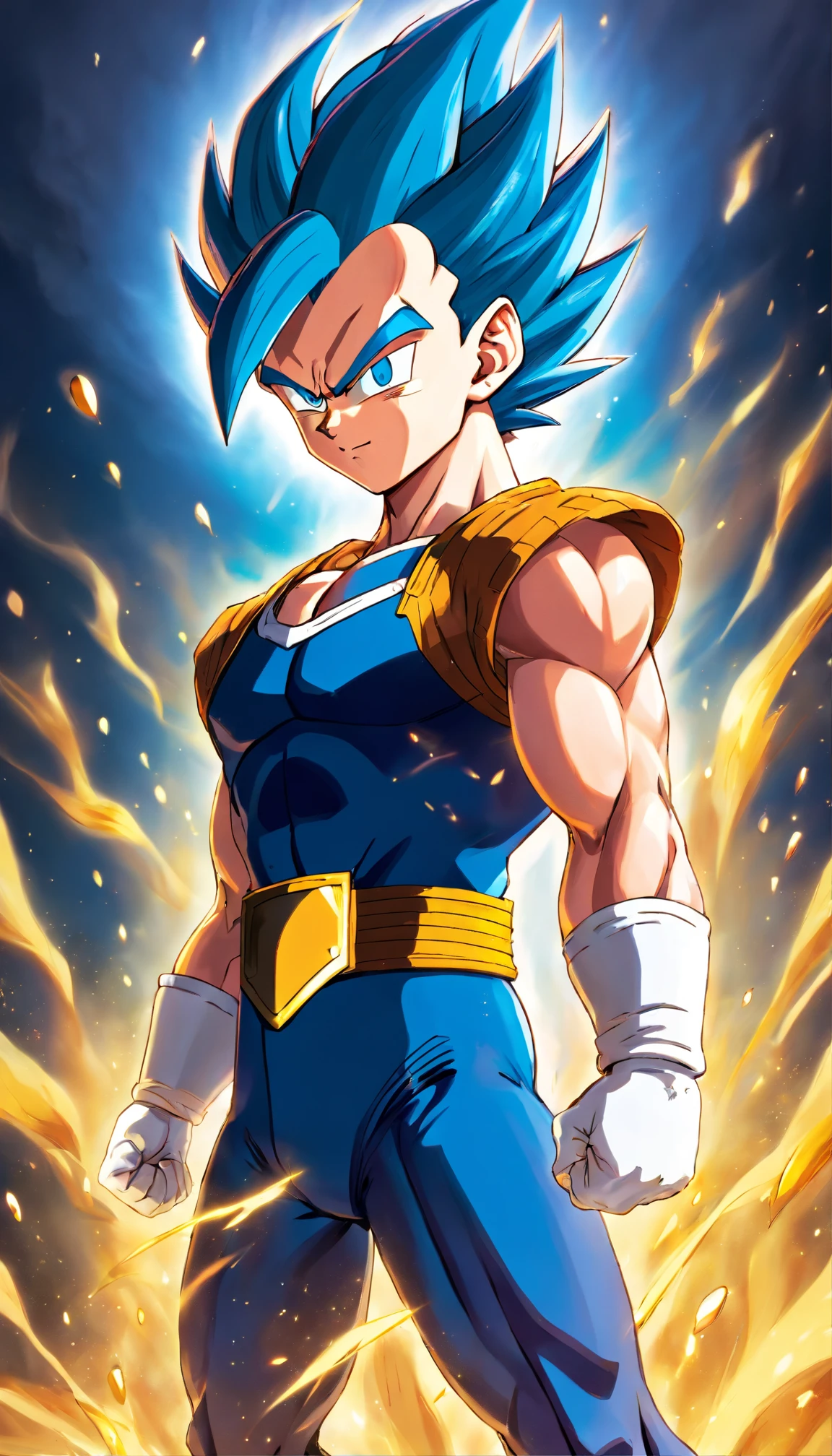 A cartoon of a young goku with blue hair and blue eyes - SeaArt AI