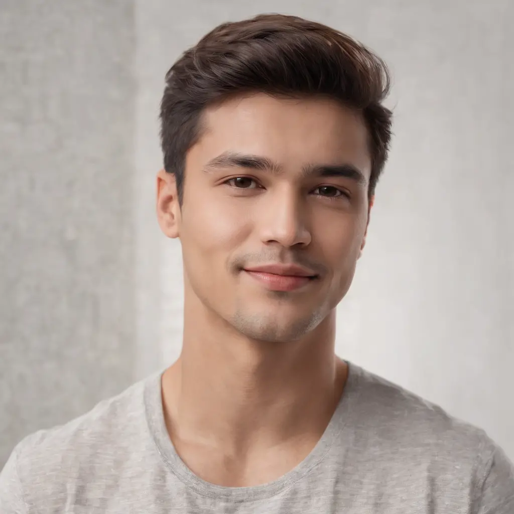 (photo: 1.3) af (realism: 1.3), (Hispanic), Latino man profile, (frontal close-up), soft light, clear face, happy, cheerful, warm light, white T-shirt, (off-white background), (blank background), ((gray wall background)) avatar, (short hair), smile, handso...