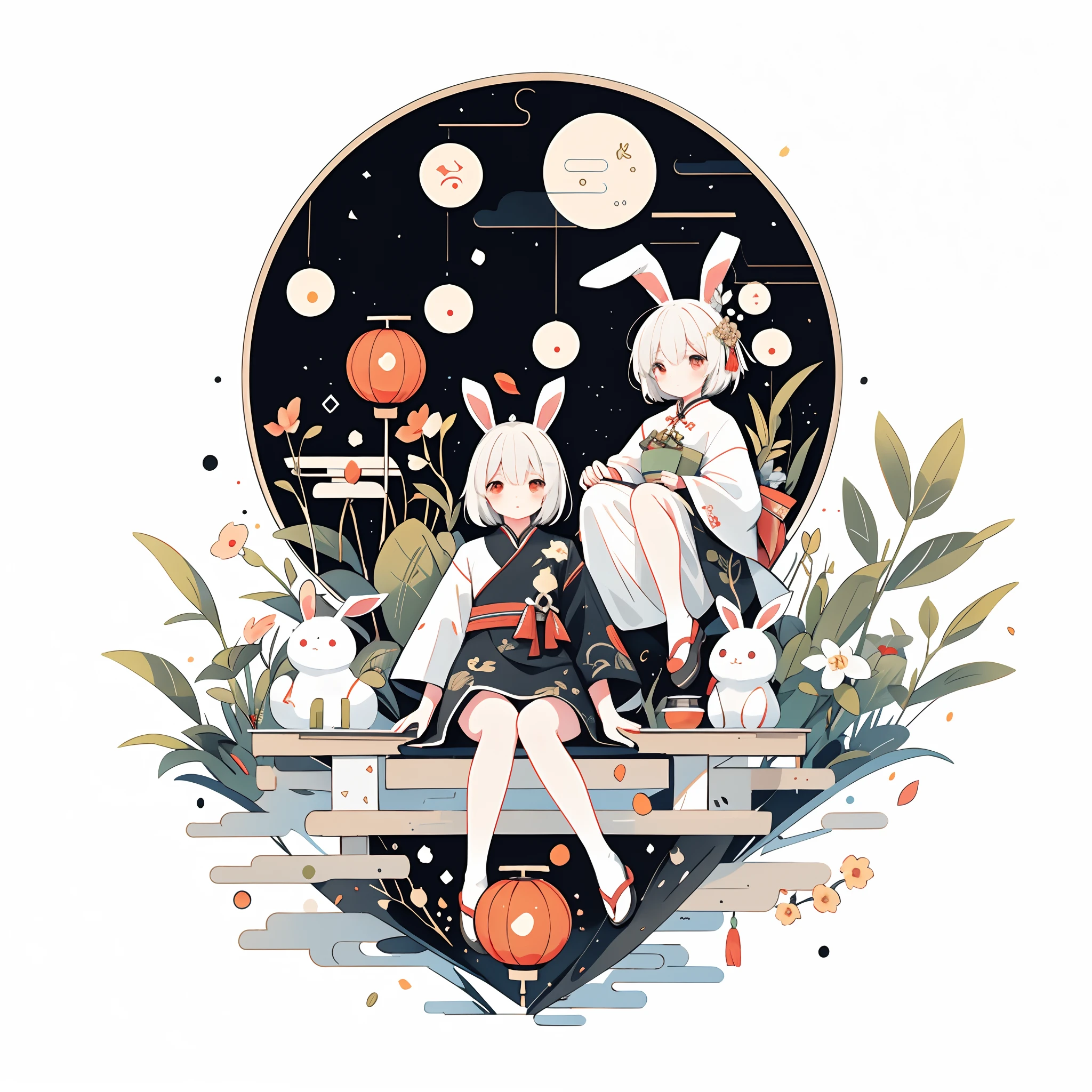 （A rabbit：1.4）, sat on the ground, Looking up, （（Mid-Autumn Festival atmosphere，sweet osmanthus，Kongming Lantern，Meniscuoon cake）），（Chinese kanji：1.3），Chinese Traditional illustration style, Digital art, Simple background, Masterpiece on white background, Best quality, Ultra-detailed, High quality, 4K