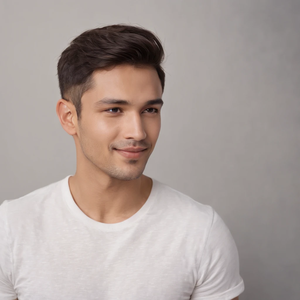 (photo: 1.3) af (realism: 1.3), (Hispanic), Latino man profile, (frontal close-up), soft light, clear face, happy, cheerful, warm light, white T-shirt, (off-white background), (blank background), ((gray wall background)) avatar, (short hair), smile, handsome, young,, short hair, smile, (close-up)