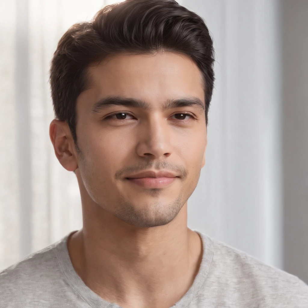 (photo: 1.3) af (realism: 1.3), (Hispanic), Latino man profile, (frontal close-up), soft light, clear face, happy, cheerful, warm light, white T-shirt, (off-white background), (blank background), ((gray wall background)) avatar, (short hair), smile, handsome, young,, short hair, smile, (close-up)