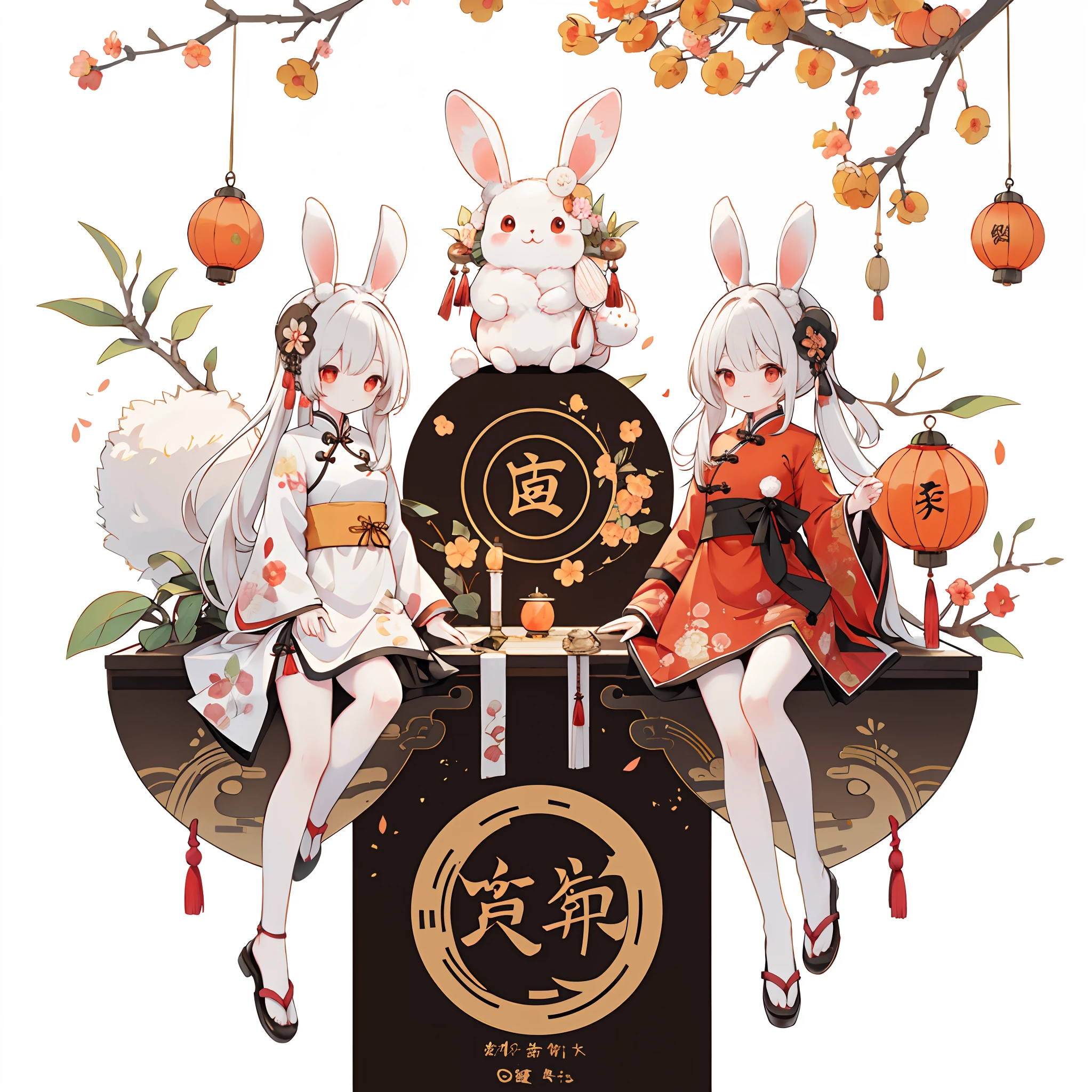 （A rabbit：1.4）, sat on the ground, Looking up, Mid-Autumn Festival atmosphere, sweet osmanthus，Kongming Lantern，（Chinese kanji：1.3），Chinese Traditional illustration style, Digital art, Simple background, Masterpiece on white background, Best quality, Ultra-detailed, High quality, 4K