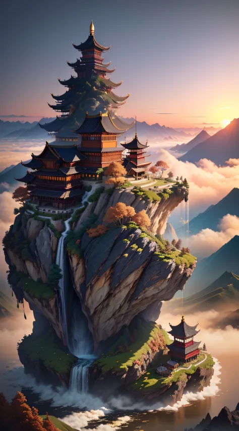 Sea of clouds in the distance, ((focus composition)), sunset gradient, moonlit night, halo, beautiful light and shadow effects, (autumn), (floating island with many traditional Chinese buildings), buildings on the mountain, waterfall, clouds, alpine, paste...