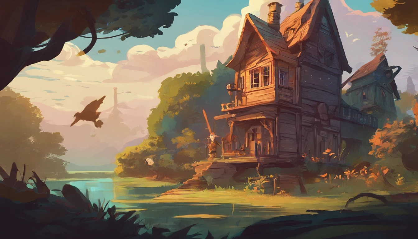 A close up of a house in a forest with a bird flying by - SeaArt AI