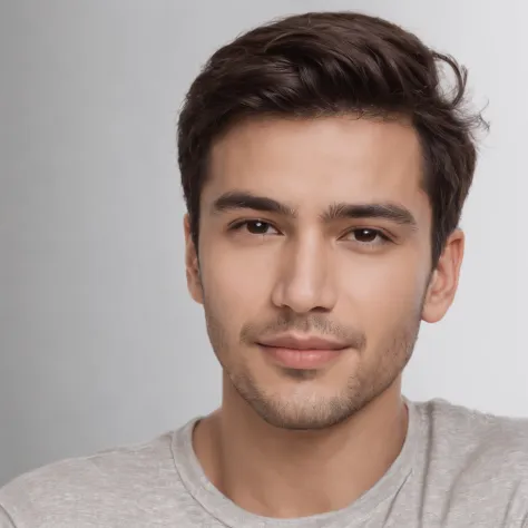 (photo: 1.3) af (realism: 1.3), (Hispanic), Latino man profile, (frontal close-up), soft light, clear face, happy, cheerful, warm light, white T-shirt, (off-white background), (blank background), ((gray wall background)) avatar, (short hair), smile, handso...
