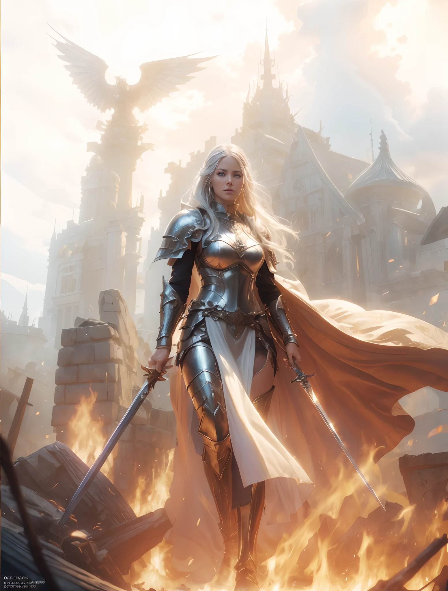 一名女子左手拿着剑，右手拿着剑，穿过火焰, 幻想 圣骑士 女人, 一位美丽的银白色头发的女骑士, 平面艺术家 Magali Villeneuve, 面容凶恶、令人生畏的华丽女圣骑士, 高品质幻想艺术, 史诗奇幻人物艺术, (实际的, photo-实际的:1.37), (极其详细:1.3), 8千, (杰作), (最好的质量:1.4), (超高分辨率:1.2), (RAW 照片:1.2), 专业照明, 电影现实主义