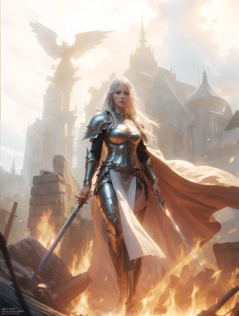 a woman with a sword in her left hand and a sword in her right hand walking through a fire, fantasy paladin woman, a beautiful s...