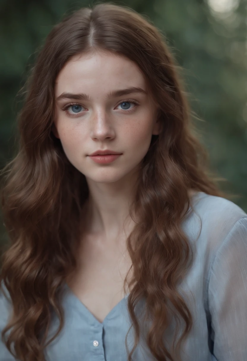 Sexy teenage girl with French features, White skin with freckles on her face, Brown and wavy hair. With deep blue eyes.,8K.Full body. Standing  (A hyper-realistic) (movie) (8K)