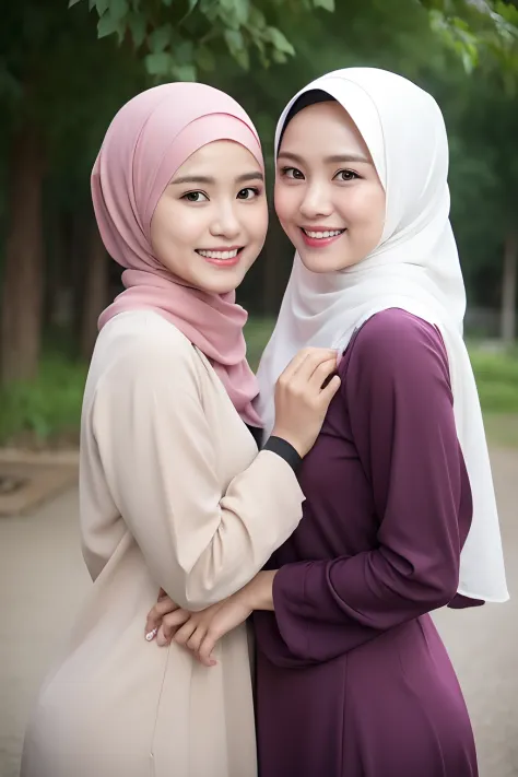 two indonesian very charming hijab woman embrace each other, look at viewer