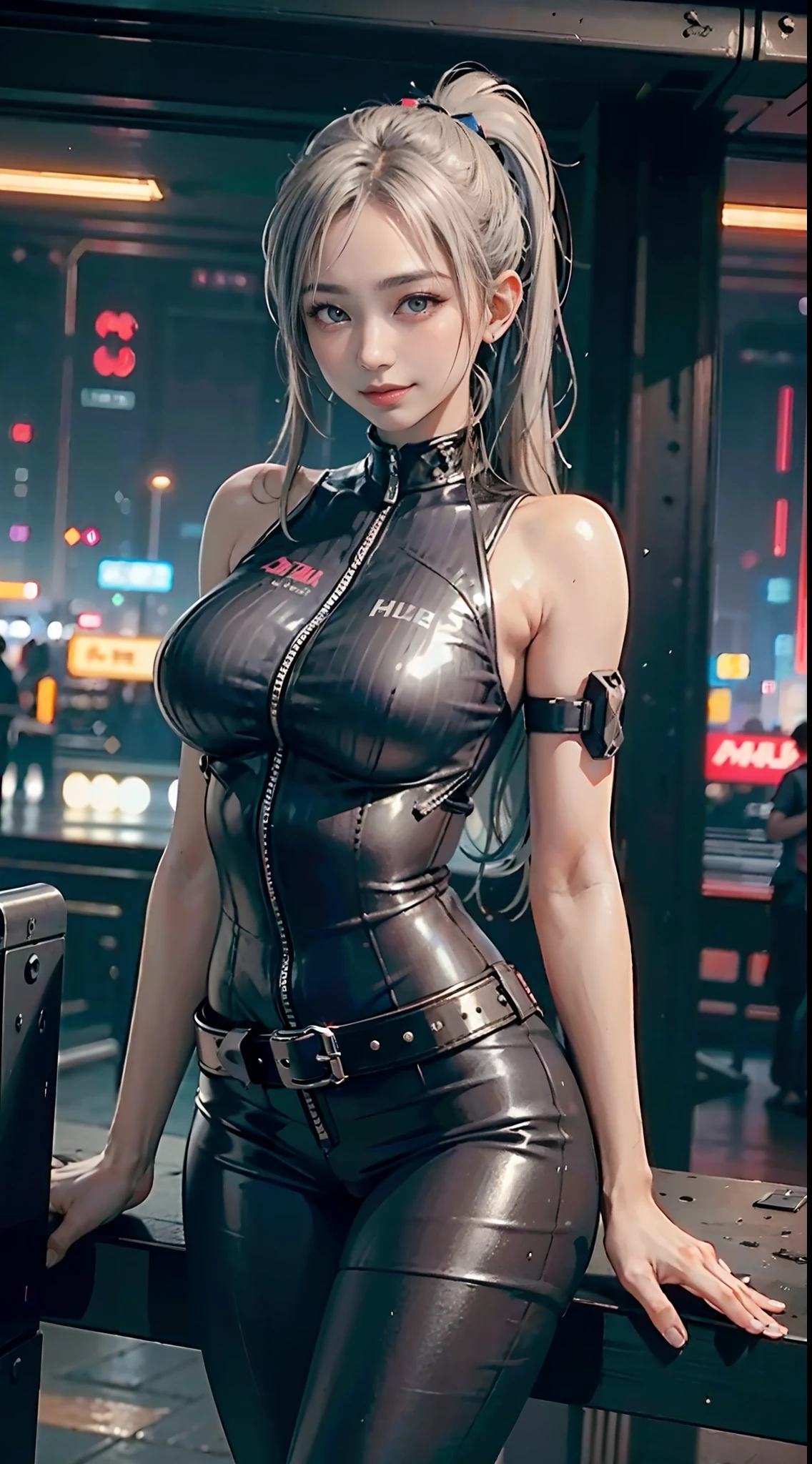 Lolita, smiling, 20 years old, ((best quality)), ((masterpiece)), (high definition:1.3), 3D, beautiful (cyberpunk:1.3), stylish woman looking at camera black leather clothes, sleeveless, embarrassed, waist skin invisible, blue-black leather pants, silver zipper,belt below the waist,super fine illustration,blond hair , showing forehead, silver center zipper, leather blue black bodysuit, sleevelesblue blacks, shiny, blonde ponytail