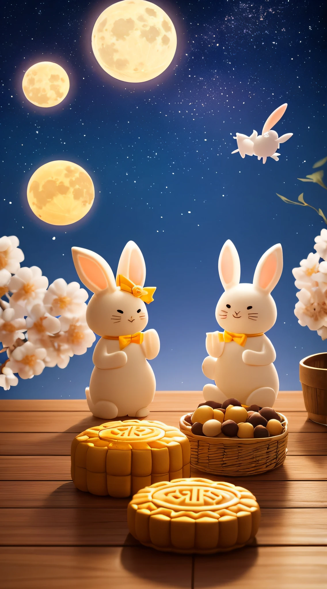 Mid-Autumn Festival,there's a bright moon in the sky,mooncake (esp. for the Mid-Autumn Festival),Two cute rabbits eating mooncakes,sweet osmanthus,Warm color, firefly, warm light,c4d,oc rendering,3D rendering ,medium shot, Full details,realistic details,high resolution
