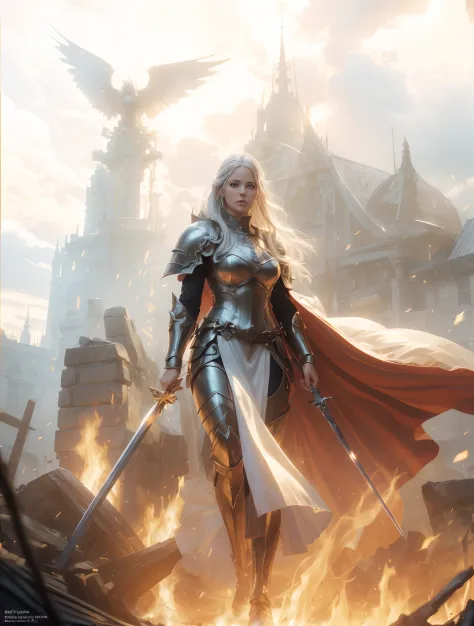 a woman with a sword in her left hand and a sword in her right hand walking through a fire, fantasy paladin woman, a beautiful s...