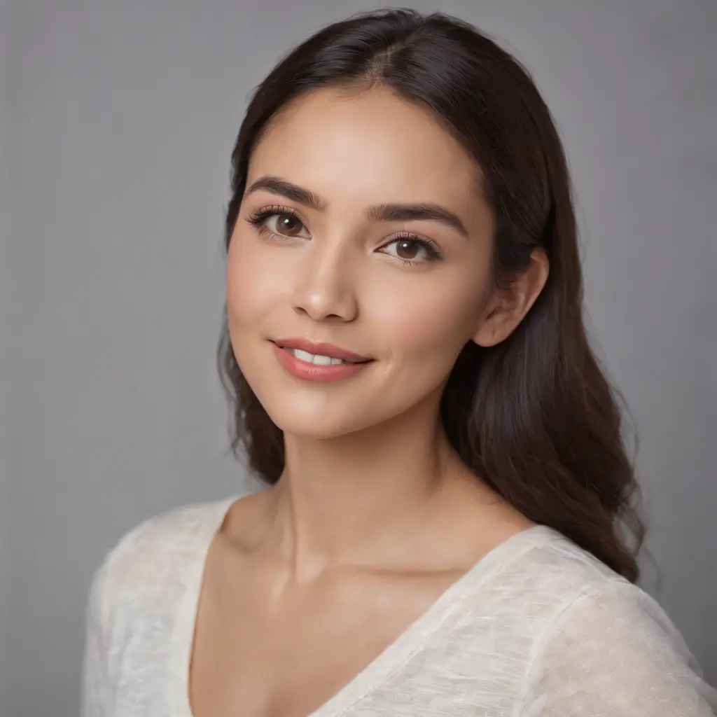 (Photo: 1.3) af (realism: 1.3), (Hispanic), Latina woman profile picture, (frontal close-up), soft light, clear face, happy, cheerful, warm light, white T-shirt, (off-white background), (blank background), ((gray wall background)) avatar, (long hair), smil...