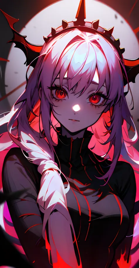 Chica de anime con cuernos y una corona en la cabeza, Gapmoe Yandere Grimdark, con ojos rojos brillantes, Chica de anime demonio...