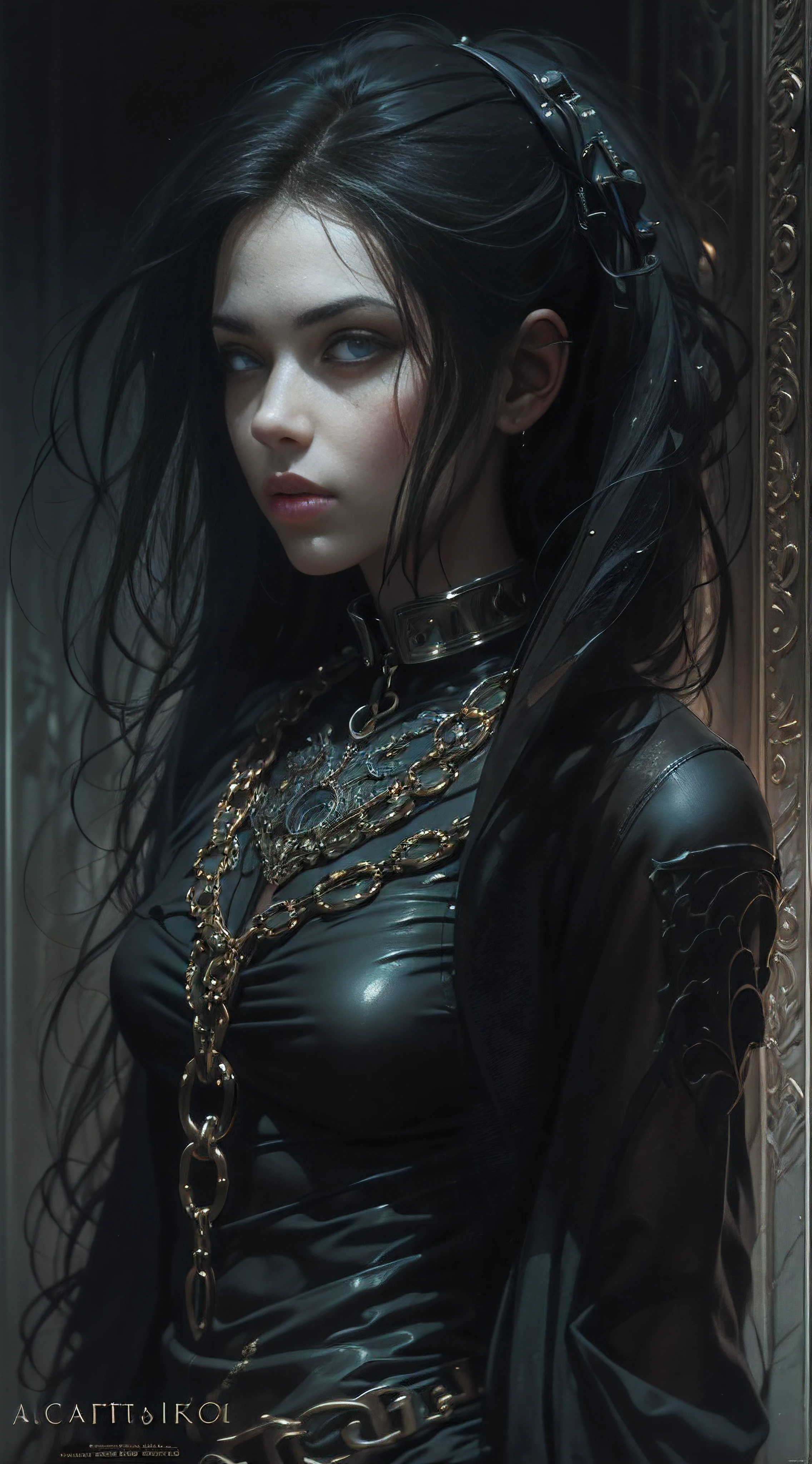 Very beautiful goth girl with leather chained cloth and collar, long hair., perfect composition, beautiful detailed intricate insanely detailed octane render trending on artstation, 8 k artistic photography, photorealistic concept art, soft natural volumetric cinematic perfect light, chiaroscuro, award - winning photograph, masterpiece, oil on canvas, raphael, caravaggio, greg rutkowski, beeple, beksinski, giger