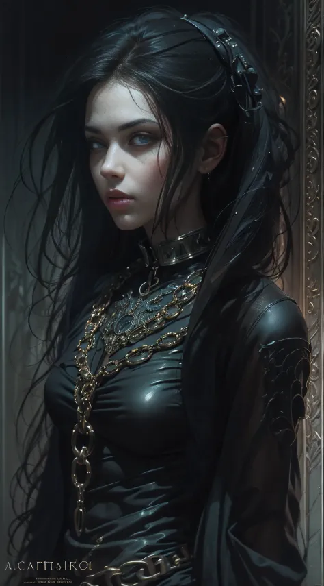 very beautiful goth girl with leather chained cloth and collar, long hair., perfect composition, beautiful detailed intricate in...