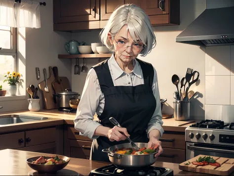 An old woman cooking in the kitchen with  delicate face ultra-clear