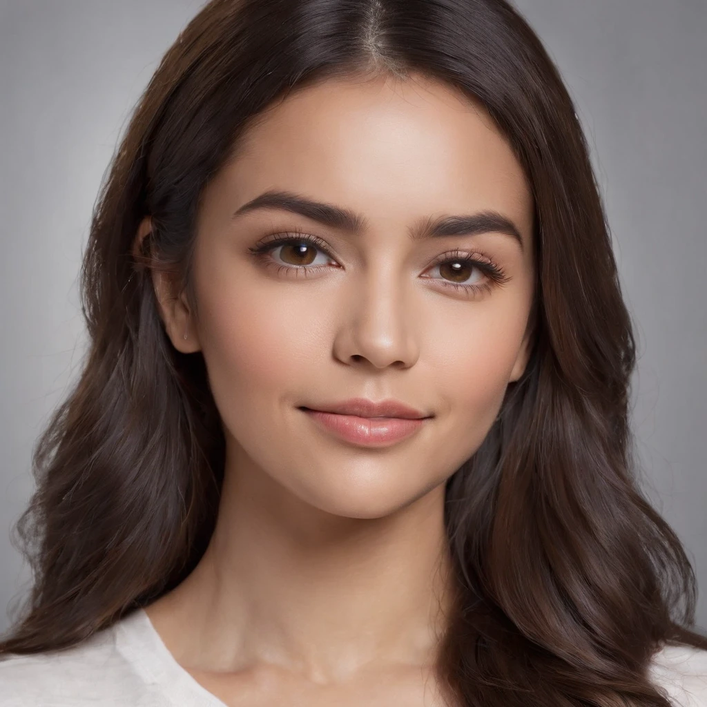 (Photo: 1.3) af (realism: 1.3), (Hispanic), Latina woman profile picture, (frontal close-up), soft light, clear face, happy, cheerful, warm light, white T-shirt, (off-white background), (blank background), ((gray wall background)) avatar, (long hair), smile, beautiful, young,, short hair, smile, (close-up)