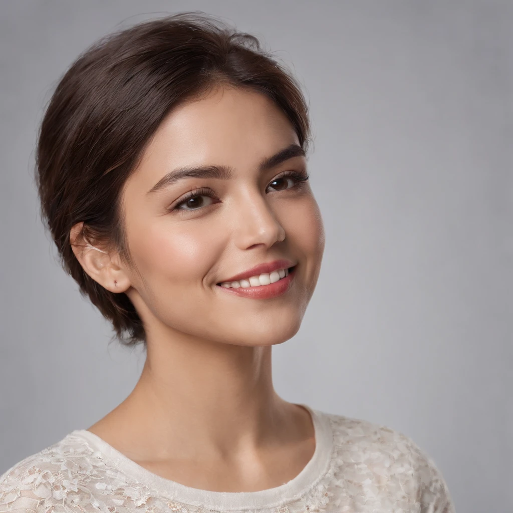 A woman with short hair smiling and wearing a white top - SeaArt AI