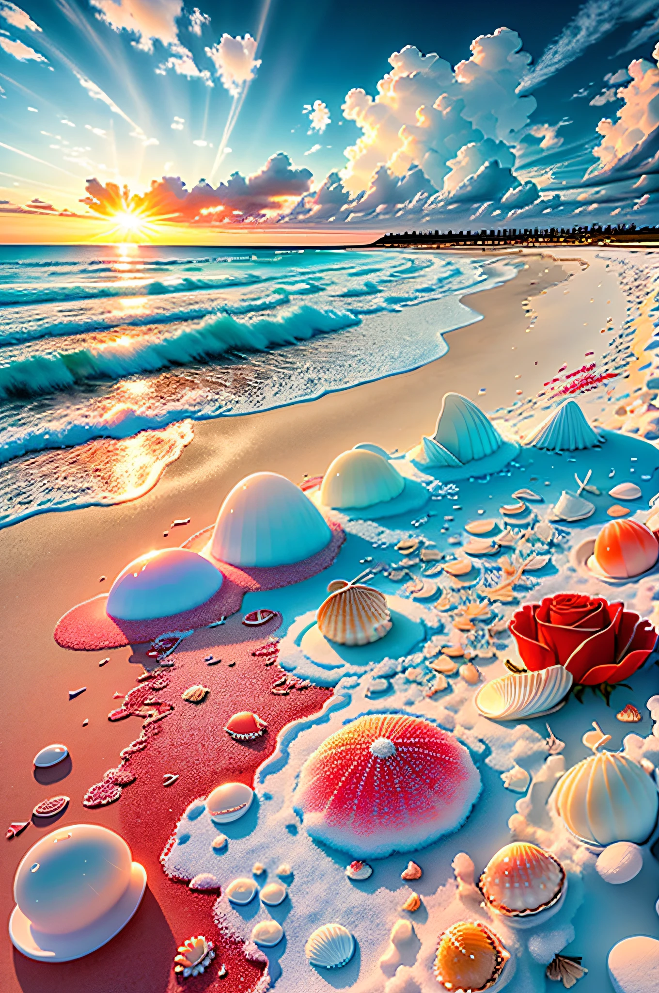 delicate scene,depth of field, 8K, The ivory sky,white clouds,and sunlight shine on the snow-white beach. The coral sea,and many colorful tinny shells on the beach,red roses, roses focus,