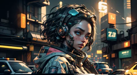 A mid-shot portrait of a stylish young asian woman standing in a bustling futuristic cyberpunk city, rendered in Octane with vib...