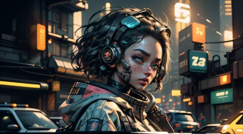 a mid-shot portrait of a stylish young asian woman standing in a bustling futuristic cyberpunk city, rendered in octane with vib...