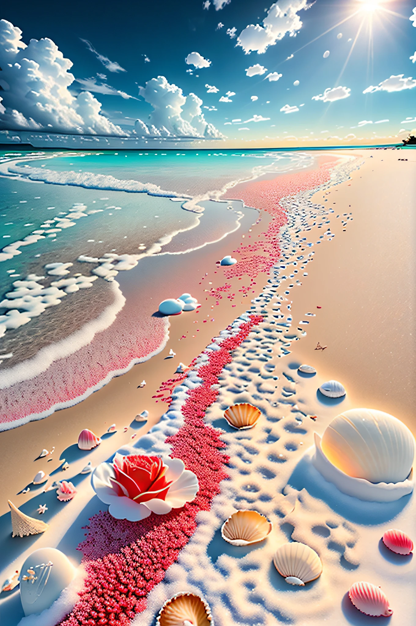 delicate scene,depth of field, 8K, The ivory sky,white clouds,and sunlight shine on the snow-white beach. The coral sea,and many colorful tinny shells on the beach,red roses, roses focus,