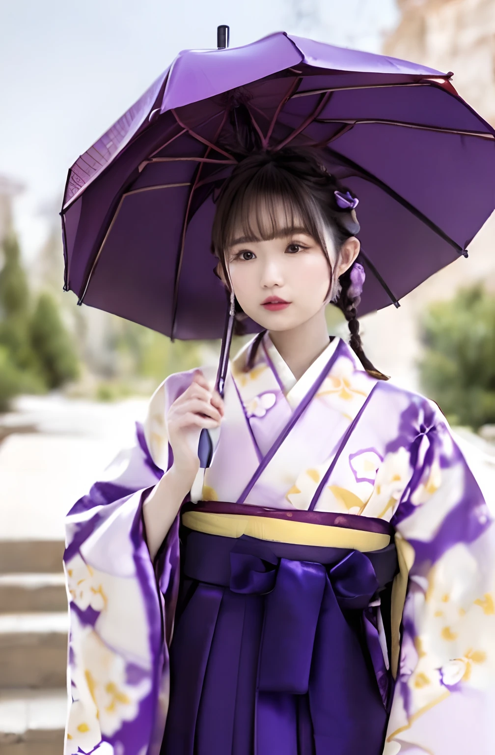 top-quality,masuter piece,８Ｋ,ultra-detailliert,parfect anatomy, (Perfect face:1.1,high detailing:1.1),独奏,1girl in,Braids,(((Hakama,Kimono light purple aroche pattern,Crimson hakama))),(((Detailed umbrella depiction,Holding a parasol with perfect right hand,Ban umbrella))),((plein air,Grand Canyon:1.7,blurry backround))