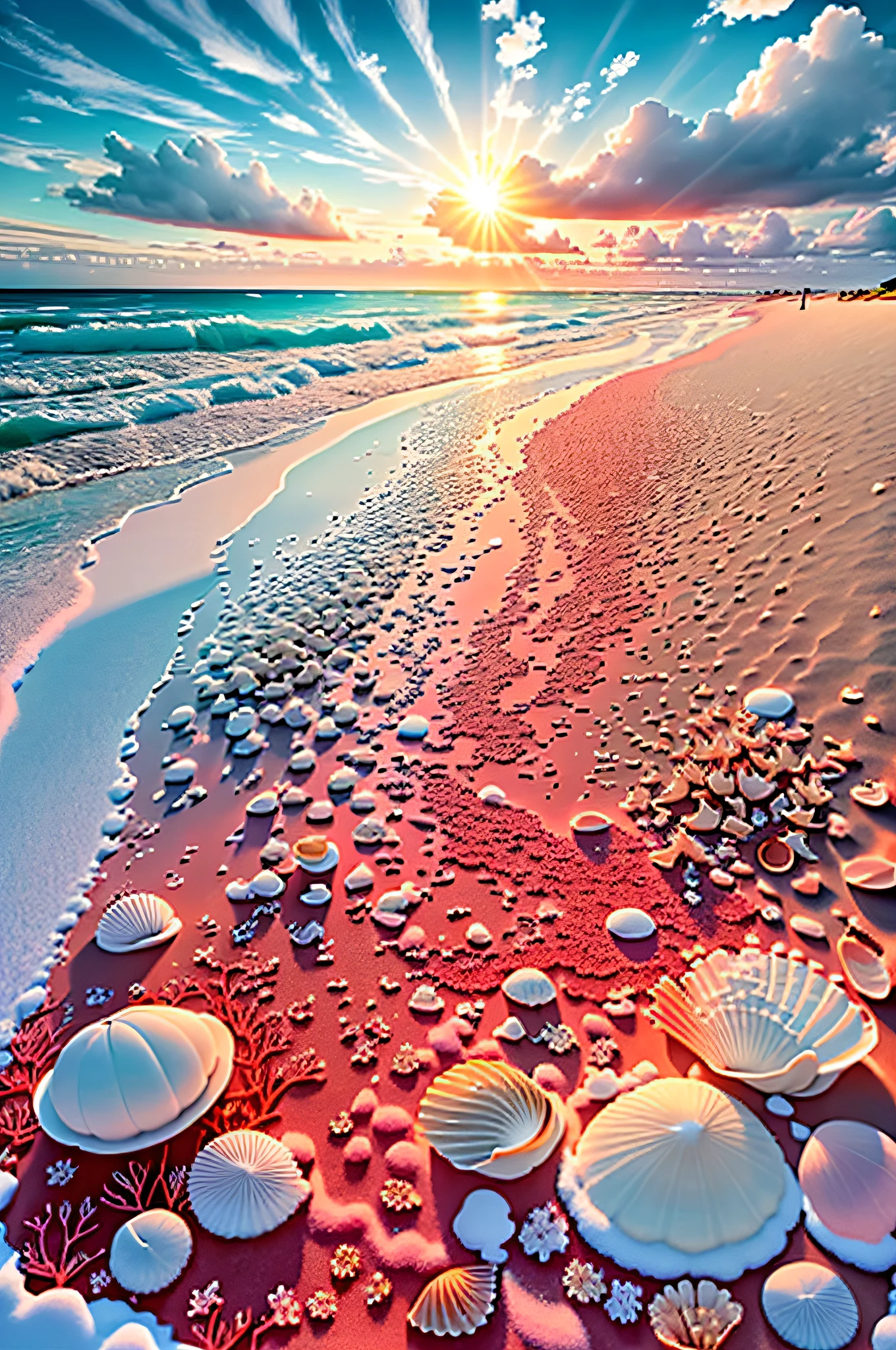 delicate scene,depth of field, 8K, The ivory sky,white clouds,and sunlight shine on the snow-white beach. The coral sea,and many colorful tinny shells on the beach,red roses, roses focus,