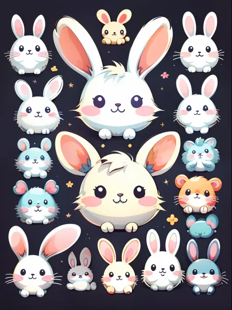 stickers, cute bunnies, simple background, different expression, stickers for chatting