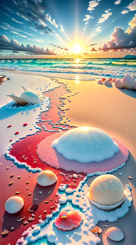 delicate scene,depth of field, 8k, the ivory sky,white clouds,and sunlight shine on the snow-white beach. the coral sea,and many...