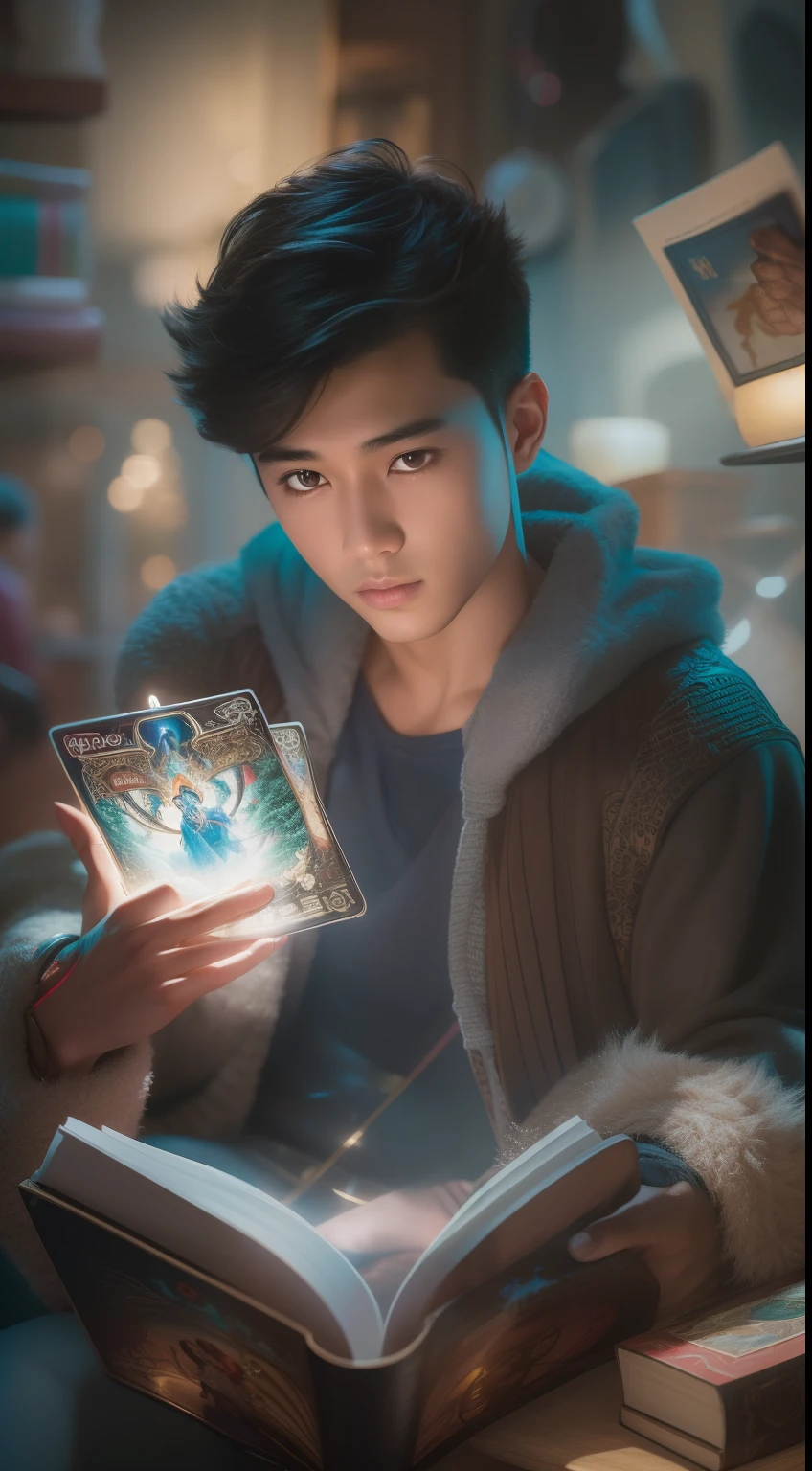 Detailed paintings depicting handsomeness, Young Asian man in casual clothes is assembled by a series of glowing magic cards and in the middle《dungeons and dragons》A book surrounded.