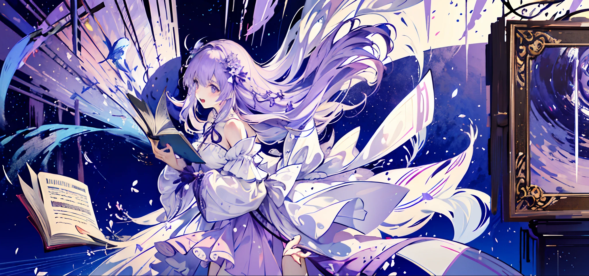 ((best quality)), ((masterpiece)), ((ultra-detailed)), (illustration), (detailed light), (an extremely delicate and beautiful),1girl, solo, barefoot, long hair, purple hair, purple eyes, book, full body, dress, ahoge, looking at viewer, white dress, detached sleeves, hair ornament, bangs, holding, wide sleeves, purple ribbon, blush, smile, standing, star (symbol), breasts, bare legs, very long hair, toes, ribbon, long sleeves, jewelry, feet, open book, open mouth, holding book, sleeveless, bare shoulders, flower, frills, bow, hair flower