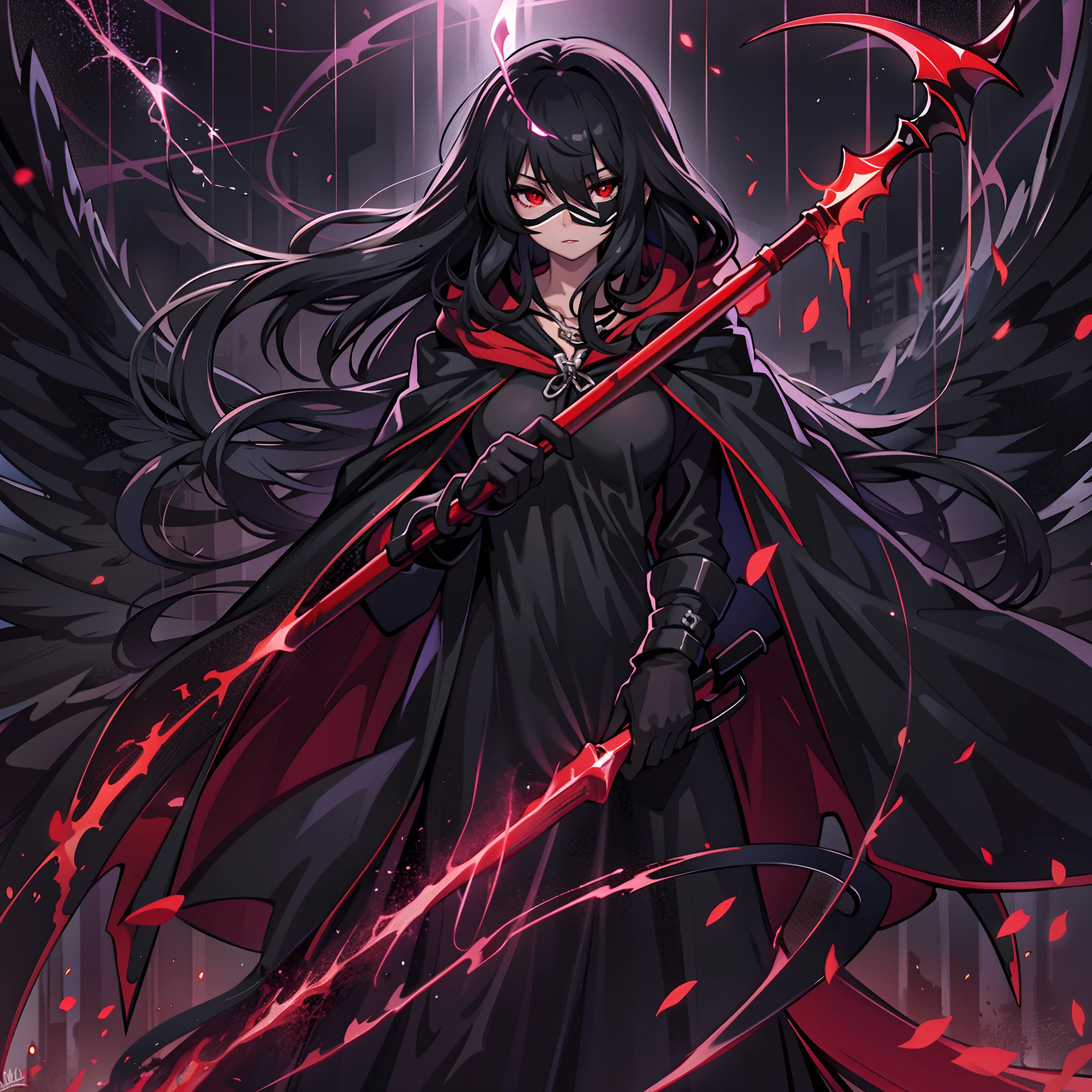 upper body, 1woman, black hair, Long Haired, Red eyes, (Crimson Lightning Angel), Black Long hoodie Cape, Black Large Scythe, tunic, big breats, wallpaper, Chain background, light particles, (masterpiece), best quality, Black mask, side-swept bangs, Top Quality, black large wing