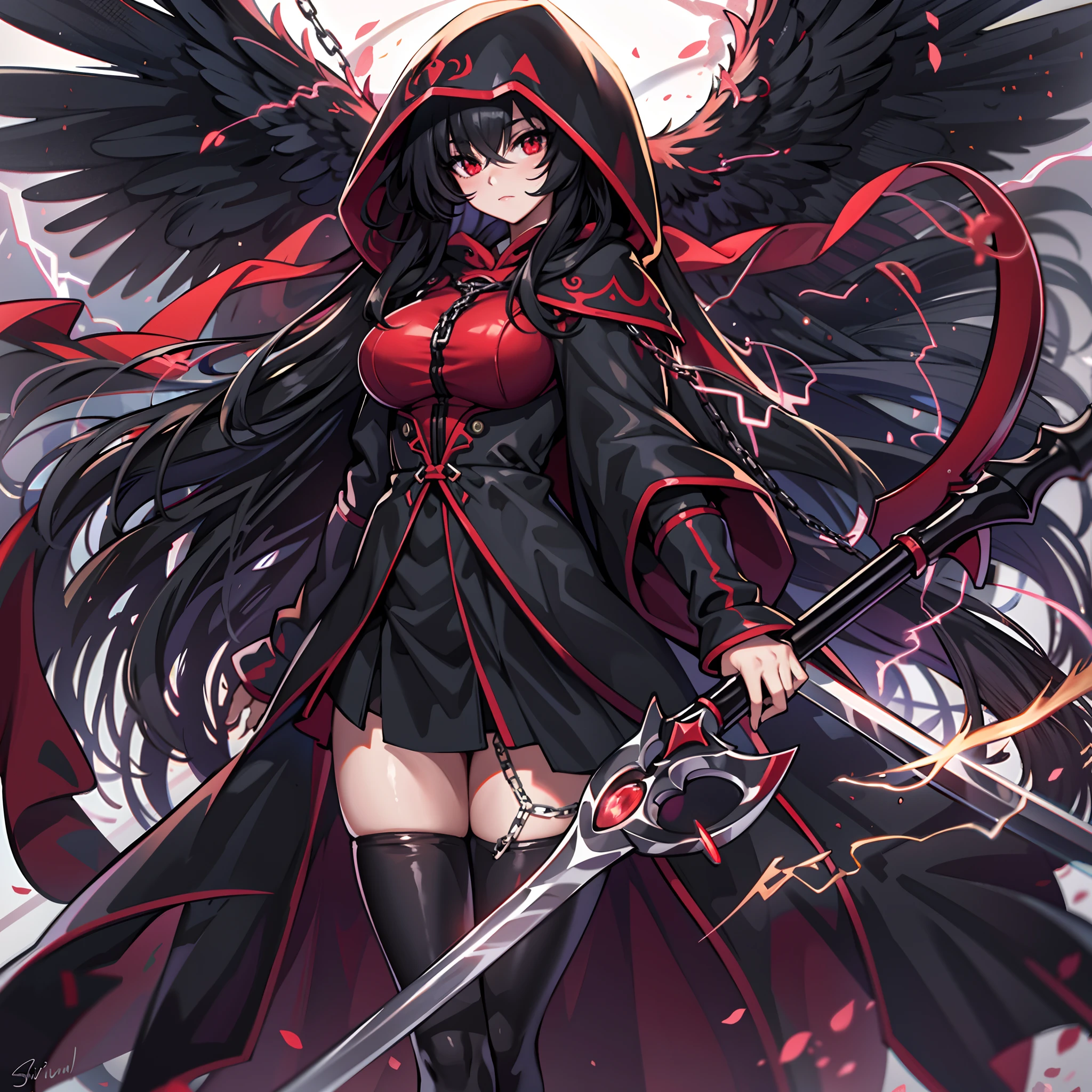 upper body, 1woman, black hair, Long Haired, Red eyes, (Crimson Lightning Angel), Black Long hoodie Cape, Black Large Scythe, tunic, big breats, wallpaper, Chain background, light particles, (masterpiece), best quality, Black mask, side-swept bangs, Top Quality, black large wing