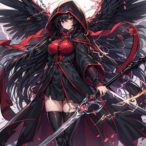 upper body, 1woman, black hair, Long Haired, Red eyes, (Crimson Lightning Angel), Black Long hoodie Cape, Black Large Scythe, tunic, big breats, wallpaper, Chain background, light particles, (masterpiece), best quality, Black mask, side-swept bangs, Top Qu...