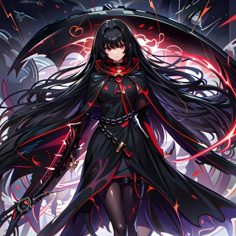 upper body, 1woman, black hair, Long Haired, Red eyes, (Crimson Lightning Angel), Black Long hoodie Cape, Black Large Scythe, tu...