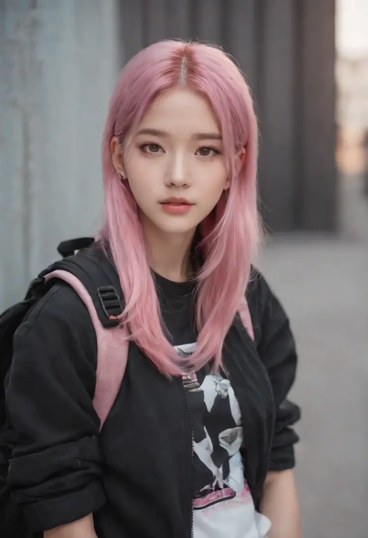 Anime girl with pink hair with backpack, She is seen wearing streetwear pieces, with pink hair, portrait of jossi of blackpink, ulzzangs, ((Pink)), jossi of blackpink, lalisa manoban of blackpink, wearing cyberpunk streetwear, japanese streetwear, With lon...